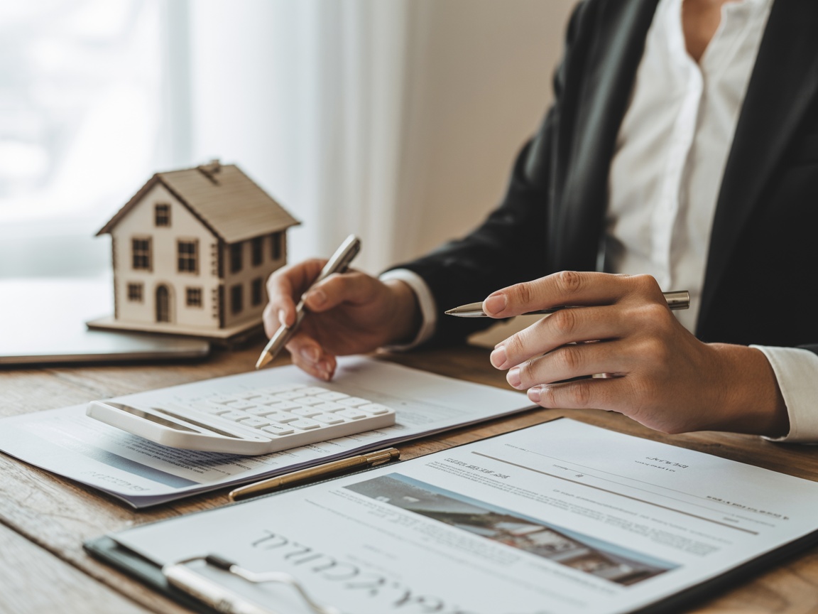 Asesor inmobiliario realizando una valoración de propiedad con documentos, calculadora y maqueta de vivienda